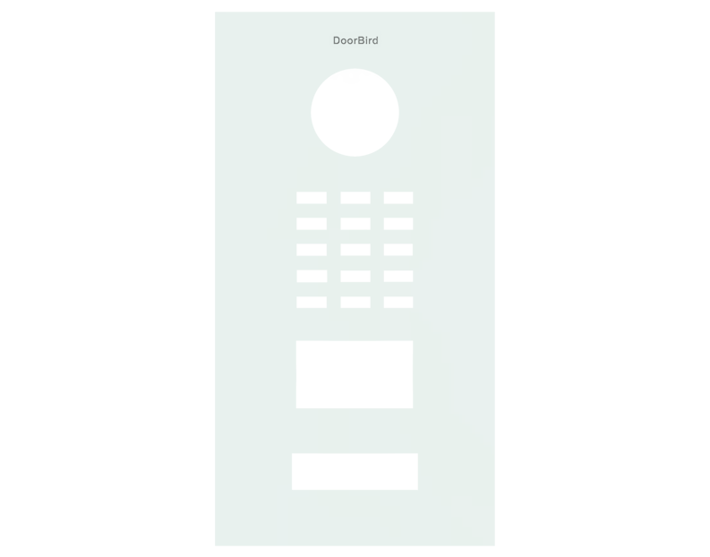 Traffic white DoorBird front panel with circular call button and icon openings
