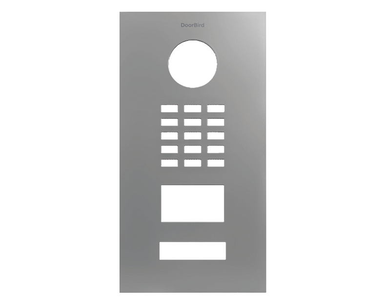 DoorBird front panel in light gray aluminum with circular camera hole and button grille