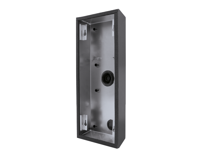 Titanium surface-mount backbox housing with open interior, mounting holes, and cable opening