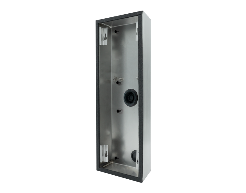 Stainless steel surface-mount backbox housing with mounting holes and cable inlet opening