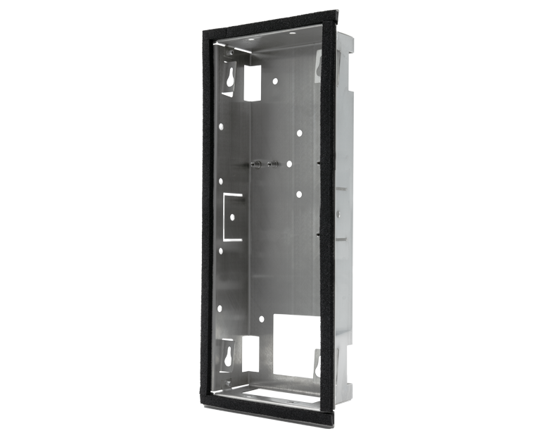 DoorBird stainless steel flush-mount backbox housing, rectangular frame with cutouts