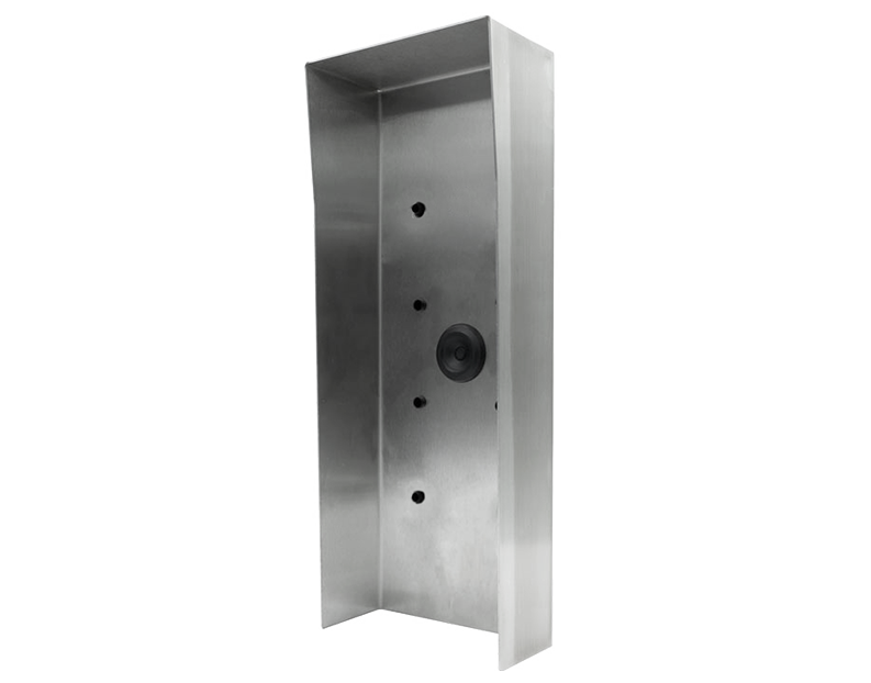 Stainless steel protective hood with circular access opening and mounting screw holes
