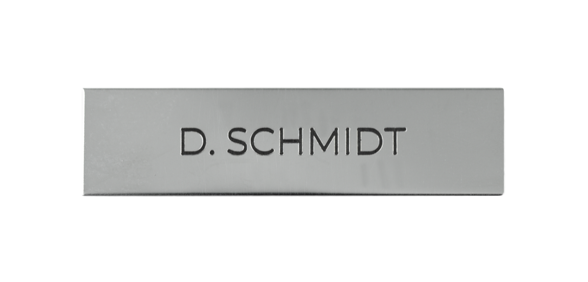 Chrome nameplate with engraved text "D. SCHMIDT" for one call button