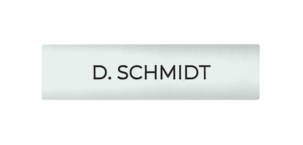 Traffic white DoorBird nameplate with engraved text "D. SCHMIDT" for call button