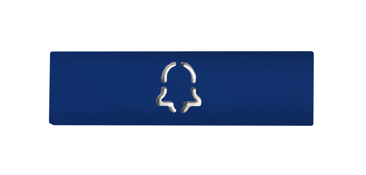 Ultramarine blue engraved nameplate with metallic bell icon.