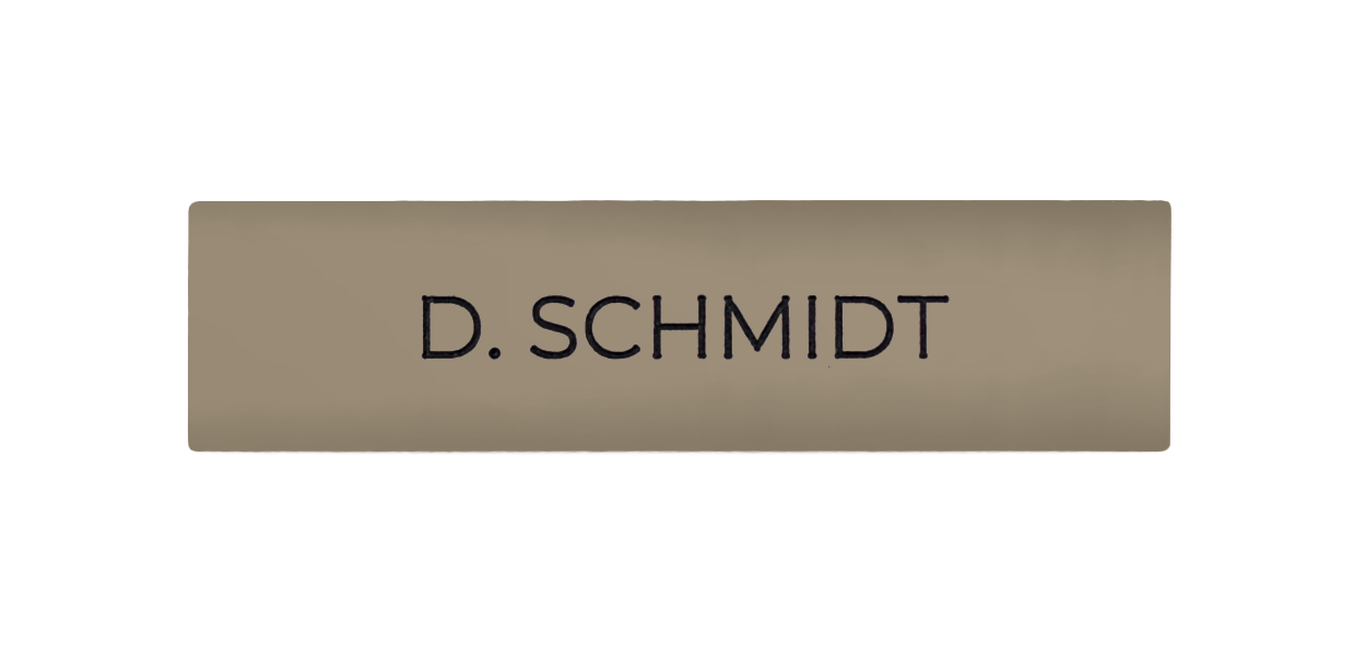 Beige engraved nameplate with text "D. SCHMIDT"