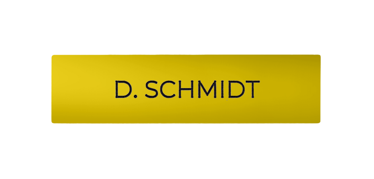 Sulfur yellow engraved nameplate with 'D. SCHMIDT' lettering