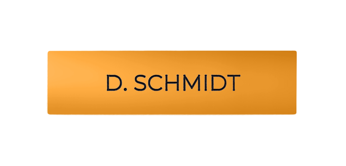 DoorBird engraved doorbell nameplate, sun-yellow with centered text 'D. SCHMIDT'