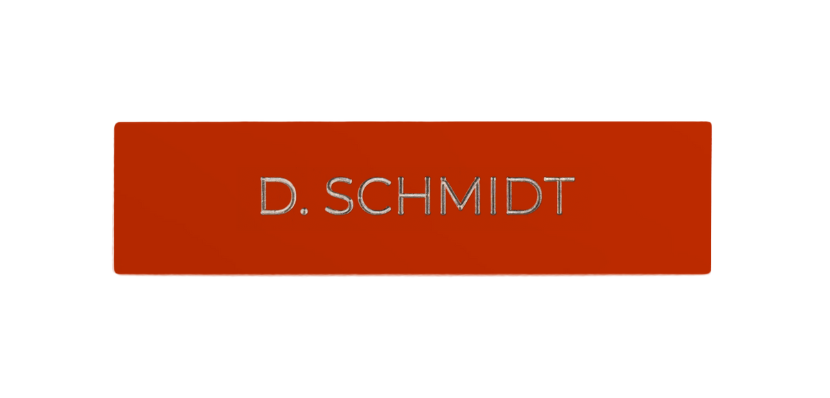 Vermilion rectangular door nameplate with engraved “D. SCHMIDT”