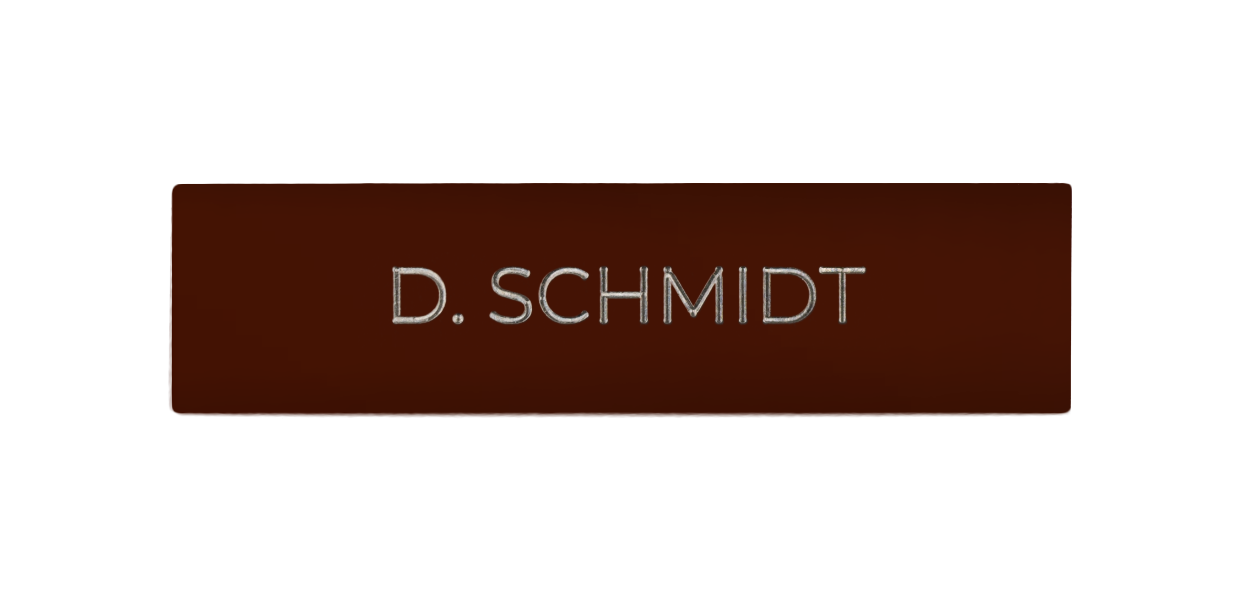 DoorBird nameplate with individual engraving, dark face, “D. SCHMIDT” text