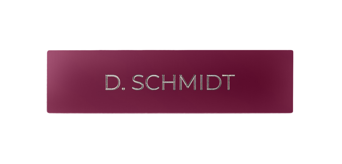 Claret violet nameplate with engraved D. SCHMIDT text