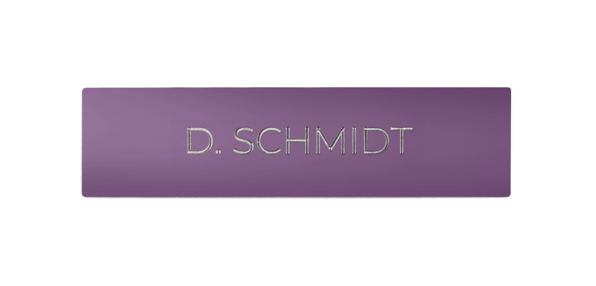 Blue lilac door nameplate with engraved text “D. SCHMIDT”