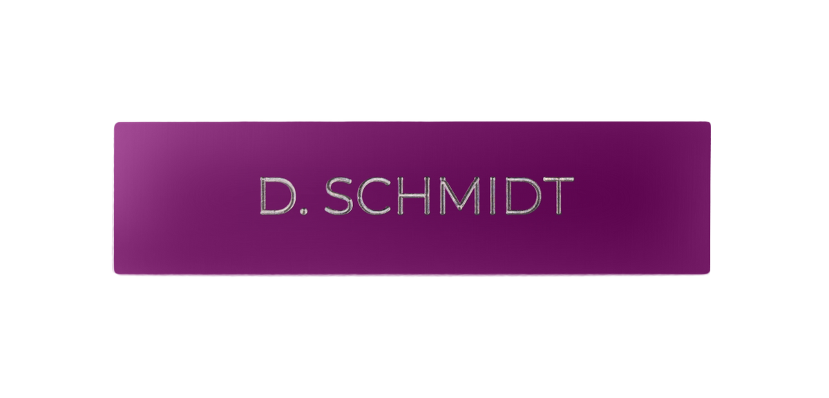 Traffic purple door nameplate with engraved text “D. SCHMIDT”