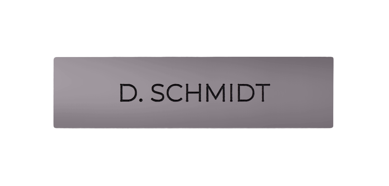 Pastel violet engraved nameplate for DoorBird call button, "D. SCHMIDT"