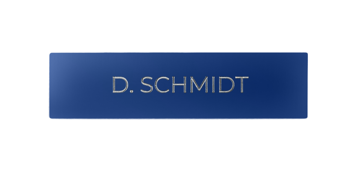 Ultramarine blue engraved nameplate with 'D. SCHMIDT' lettering