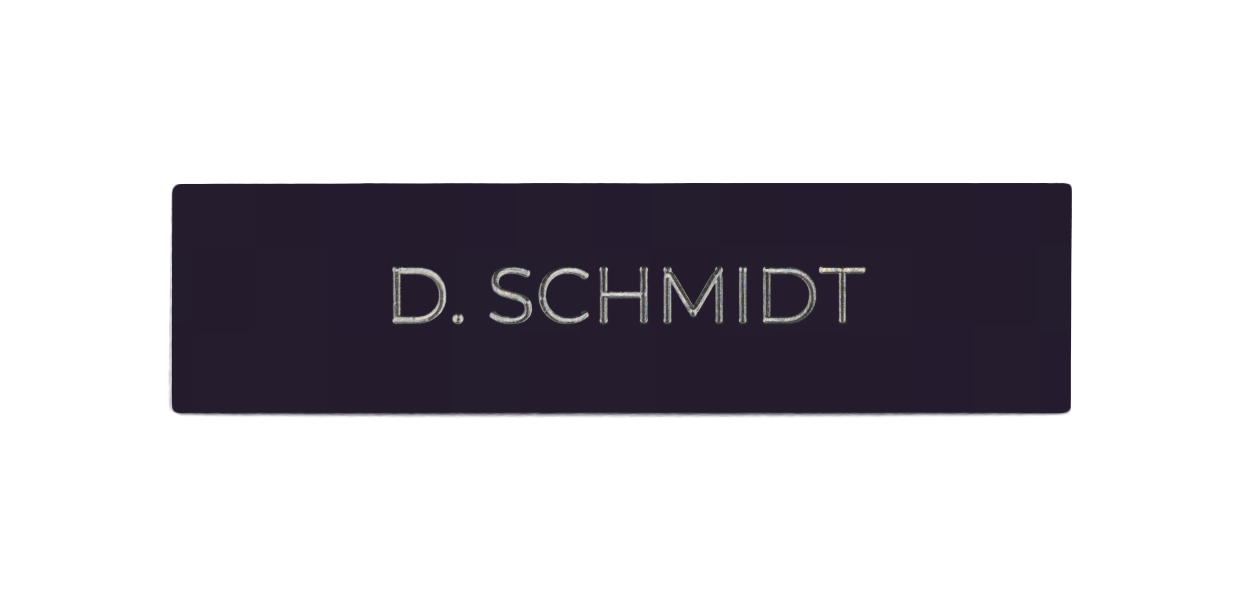 DoorBird nameplate with "D. SCHMIDT" engraving on dark blue plaque