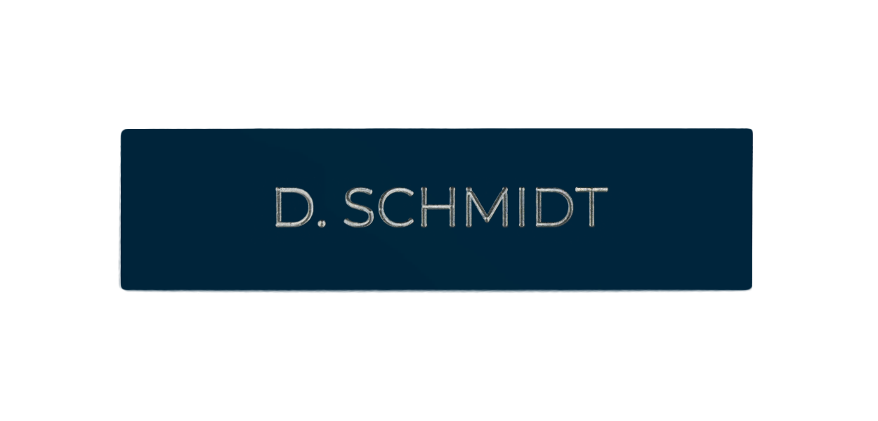 Cobalt blue doorbell nameplate with engraved 'D. SCHMIDT'