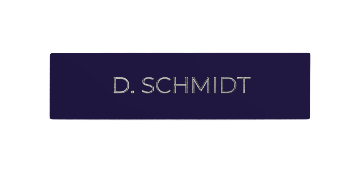 DoorBird blue nameplate with engraved “D. SCHMIDT” lettering