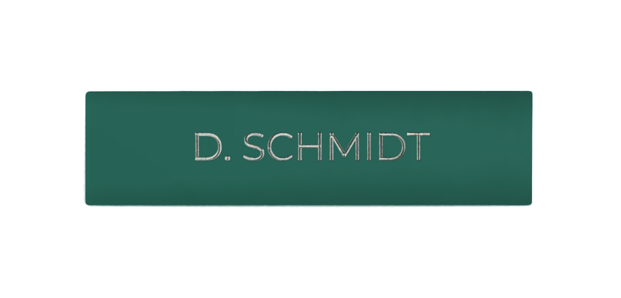 Patina green engraved nameplate with text D. SCHMIDT