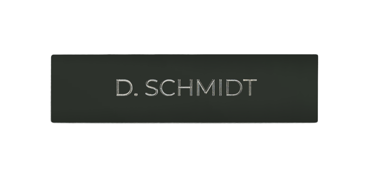 Grey olive door nameplate with engraved “D. SCHMIDT”