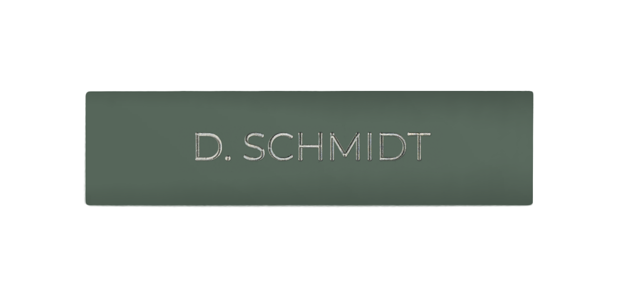 Concrete grey engraved nameplate, 'D. SCHMIDT'