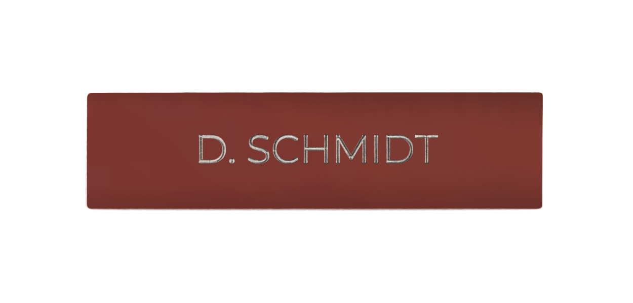 Copper brown nameplate with engraved "D. SCHMIDT" for DoorBird call button