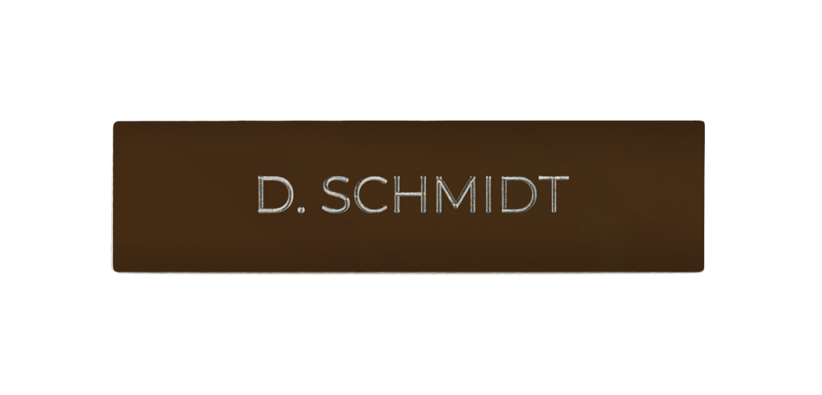 Nut-brown engraved door nameplate with 'D. SCHMIDT'