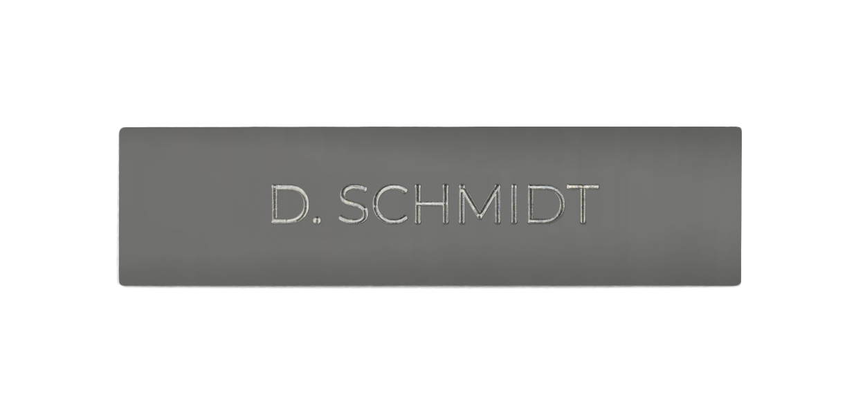 Grey aluminium door nameplate with individual engraved text, D. SCHMIDT