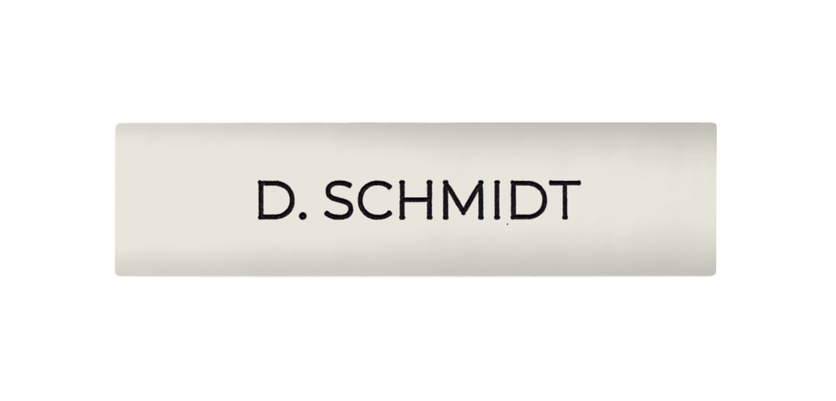 DoorBird nameplate in pure white with engraved 'D. SCHMIDT' text
