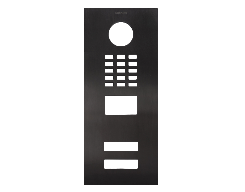 DoorBird stainless steel front panel with keypad, circular button, and door handle slot