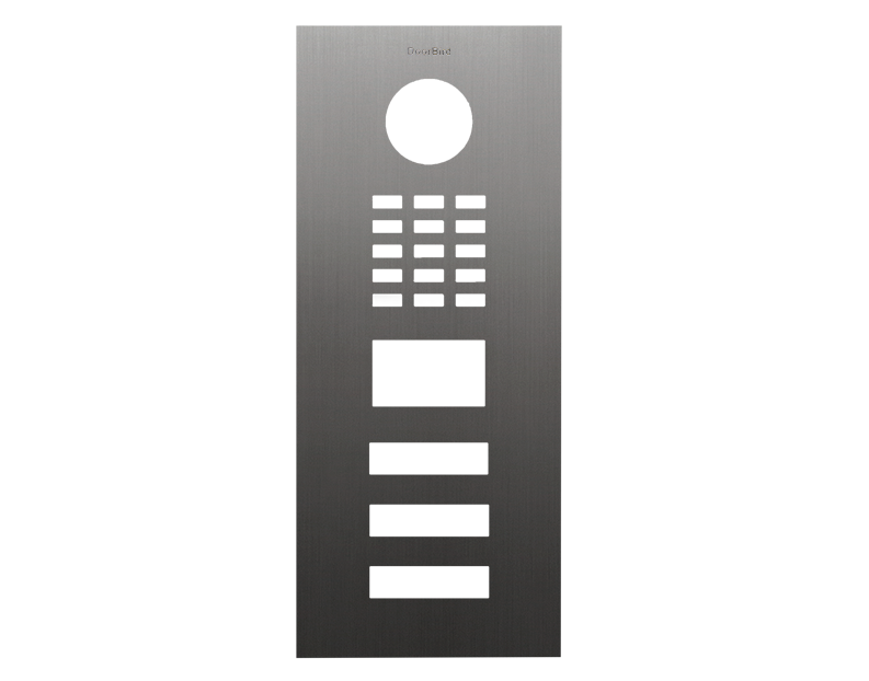 Titanium-coated stainless steel door intercom front panel with lens and keypad