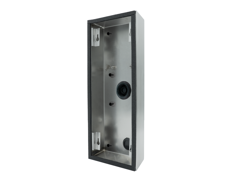 Stainless steel surface-mount backbox housing with mounting holes and cable port