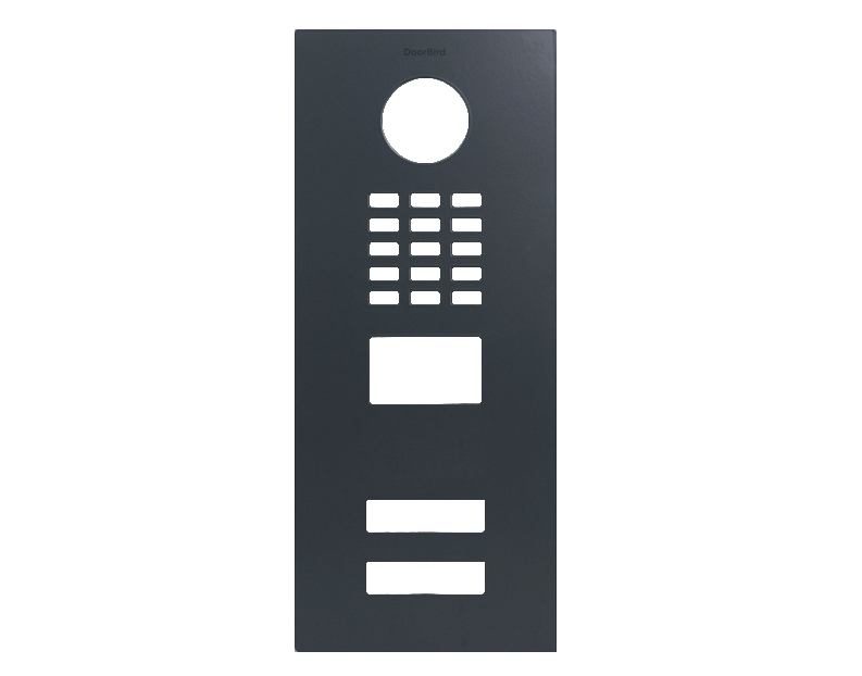 DoorBird anthracite grey front panel with circular opening, button grid, and label section