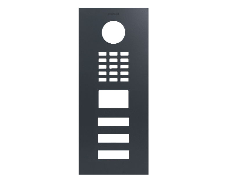 DoorBird front panel in anthracite grey with circular call lens and keypad buttons