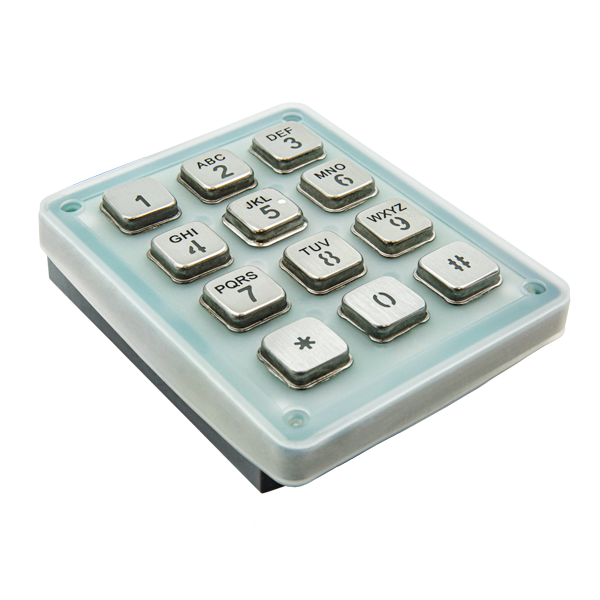 Door keypad module with light blue casing and metal keys with letters and symbols