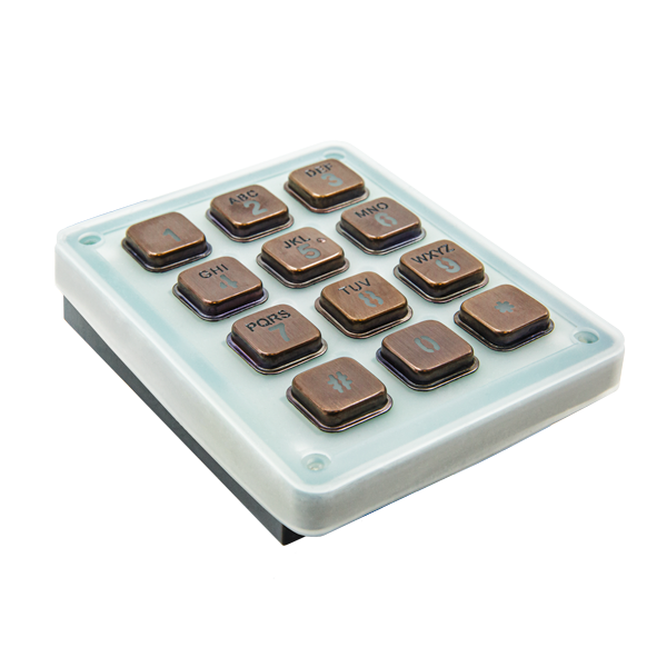 Bronze key keypad module with 12 metal buttons on white housing