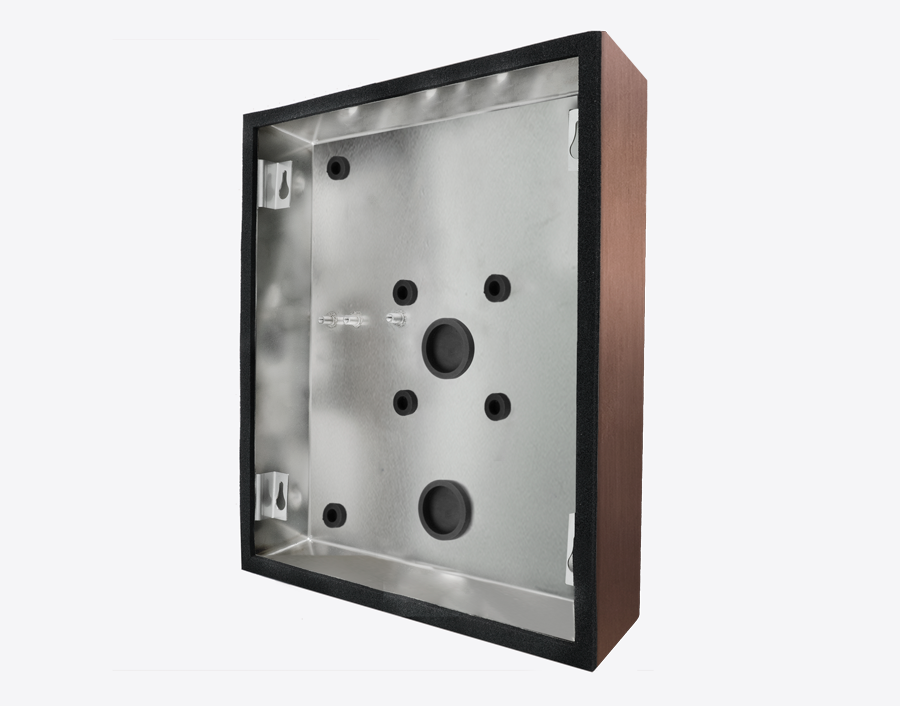 DoorBird D21XKH surface-mount backbox with bronze frame and multiple screw/port holes