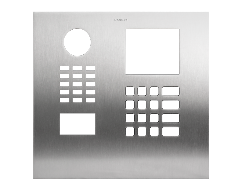 Stainless steel entry door panel with speaker grille, display window, and buttons
