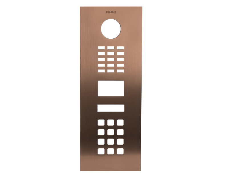 Bronze door access front panel with round speaker hole and keypad buttons