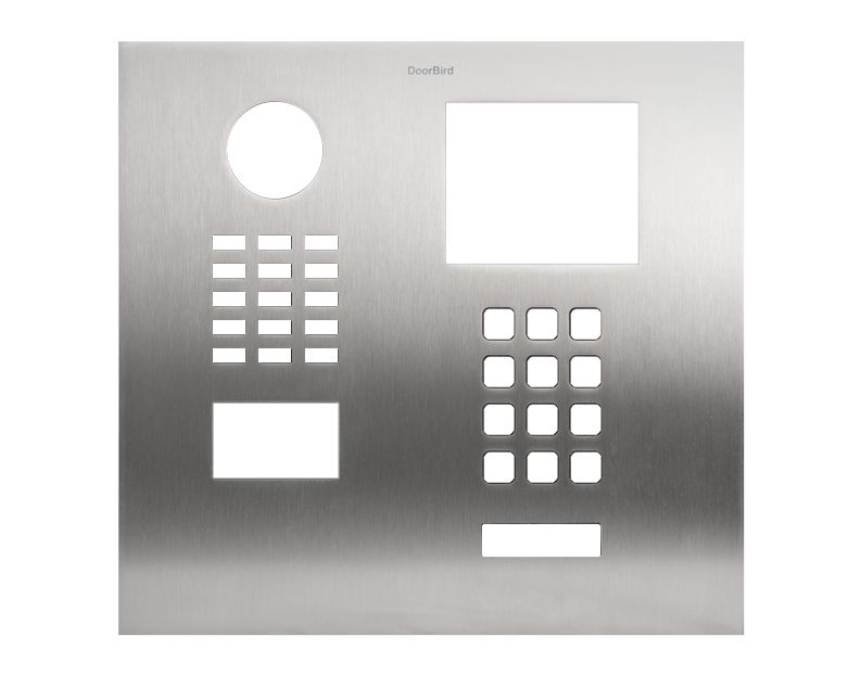 Stainless steel DoorBird intercom front panel with camera hole, keypad grid, and speaker