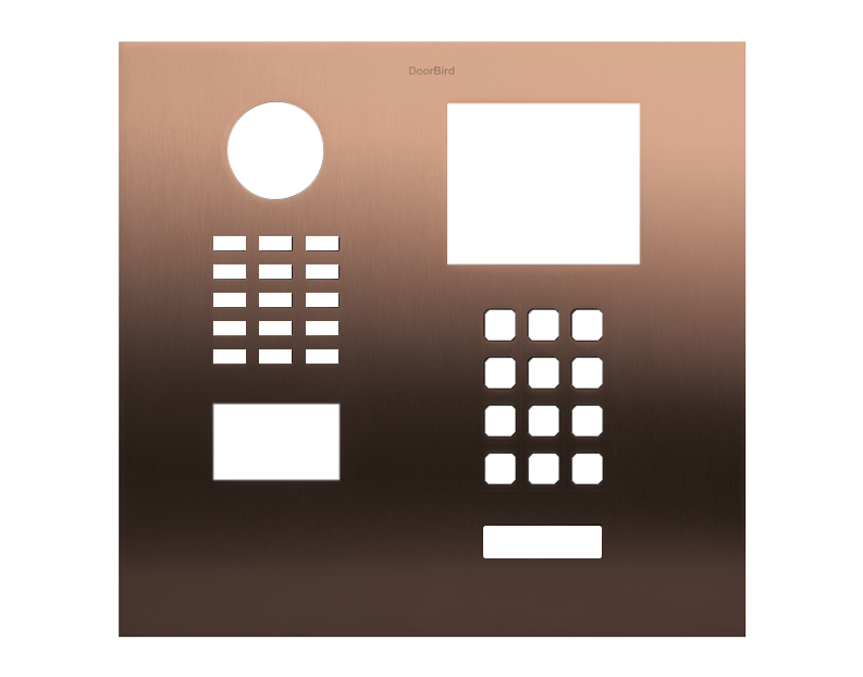 Bronze DoorBird front panel with round port, square display, button grid and speaker grille