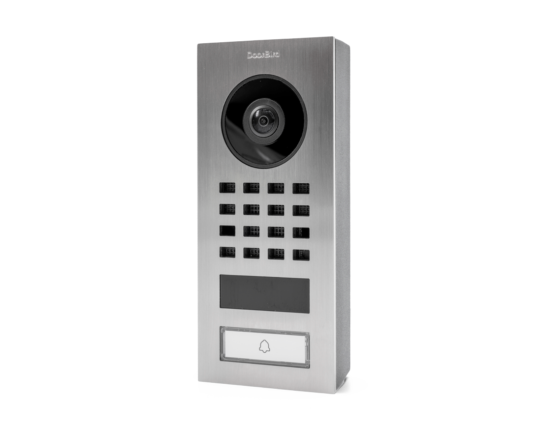 DoorBird stainless steel surface-mount video intercom with camera lens, keypad, and call button
