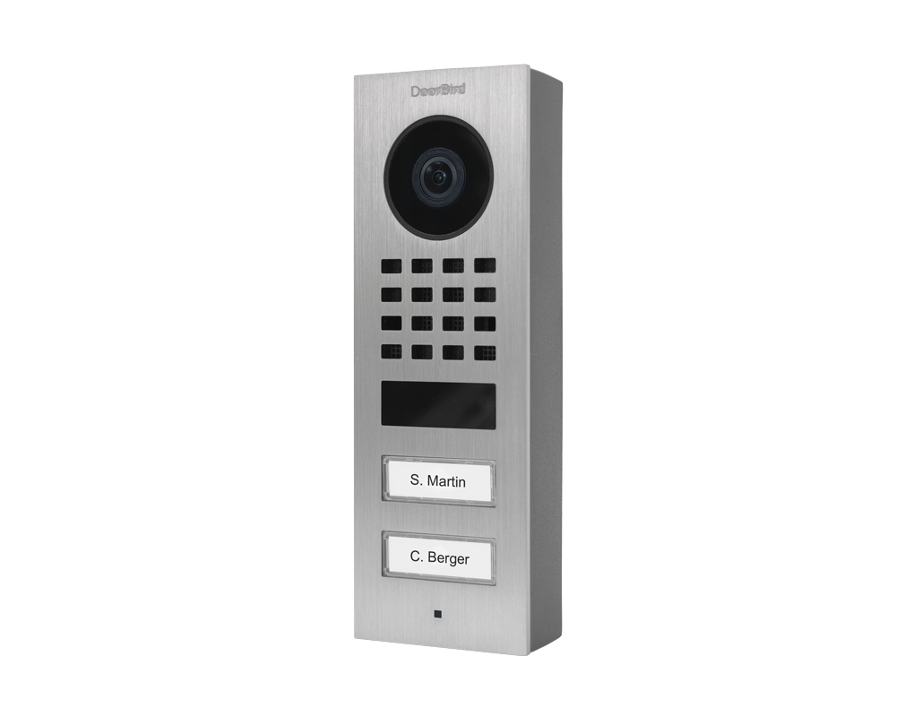 DoorBird D1102V IP video door station in stainless steel, with camera and two call buttons