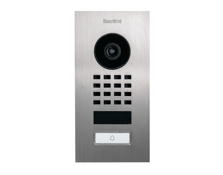 Stainless steel flush-mount IP video intercom with camera, keypad grid, and call button