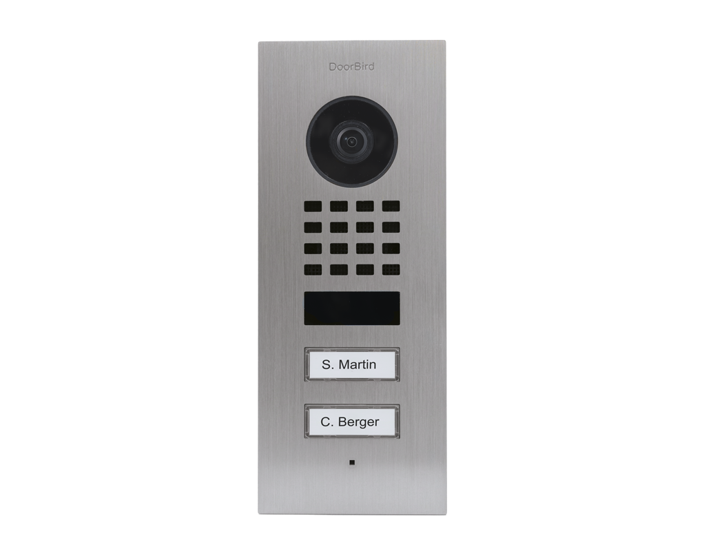 DoorBird stainless steel video door station with camera lens, keypad, and two name labels