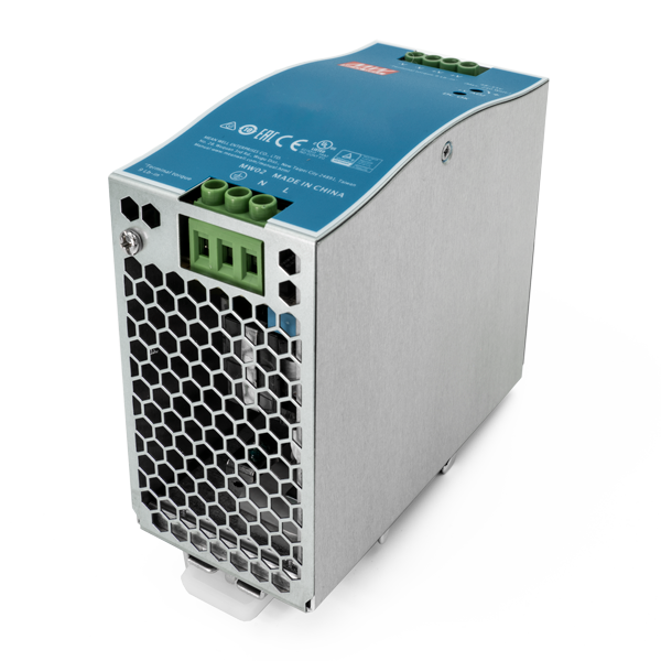 DoorBird DIN-rail power supply with blue cover and green terminal blocks, vented metal case