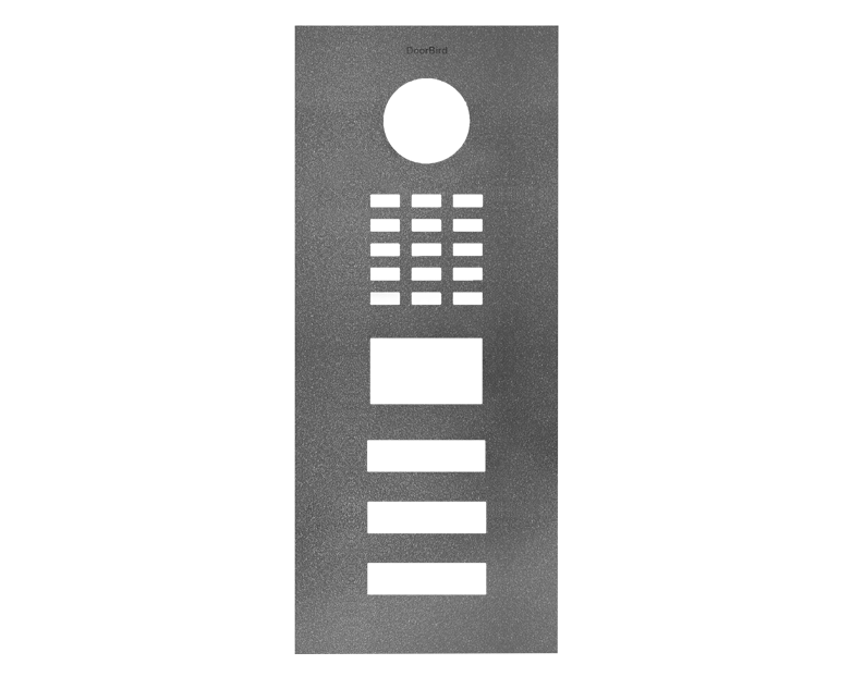 Stainless steel door front panel with round lens opening, keypad grid and buttons