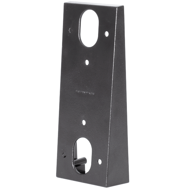 Wall-mount corner adapter bracket, dark metal with two circular cutouts and screw holes
