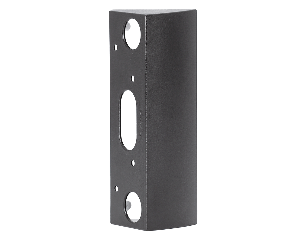 DoorBird corner wall-mount adapter, dark metal plate with three oval mounting holes