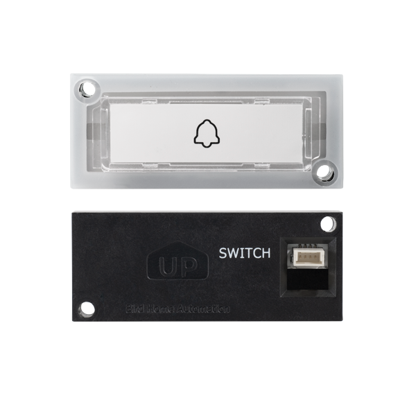 Stainless steel illuminated call button with bell icon, switch label, and mounting holes